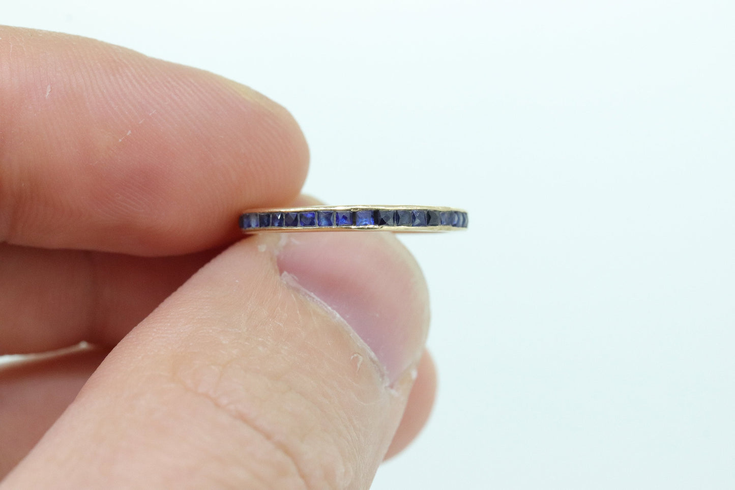 14k Gold BLUE Sapphire Full Eternity Thin Band. Thin Channel Set Princess Sapphire calibre cut Full Eternity band. st(110)