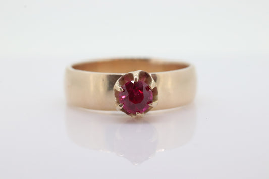 Vintage Buttercup Ruby Ring. 10k gold ring with a solitaire round Ruby. WiDe shank band. Buttercup Claw ruby. st(92)