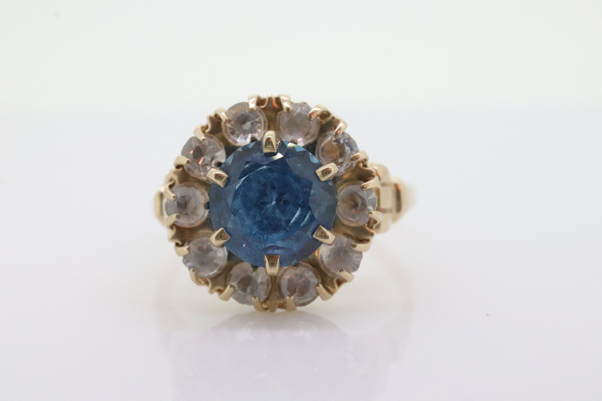 10k Blue Topaz and White Topaz Halo ring. 10k Aquamarine Halo solitaire. st(80)