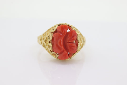 18k Large Carved Orange CORAL ring. 18k Coral Flower Texture set statement ring. Fine Jewelry Coral band. st(230)