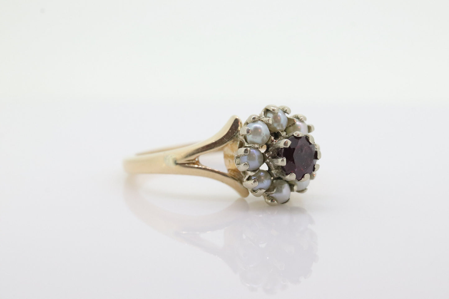 14k Ruby and Pearl Halo ring. Victorian Ruby prong set pearl cluster band. Vintage Ruby Pearl ring. st(70)