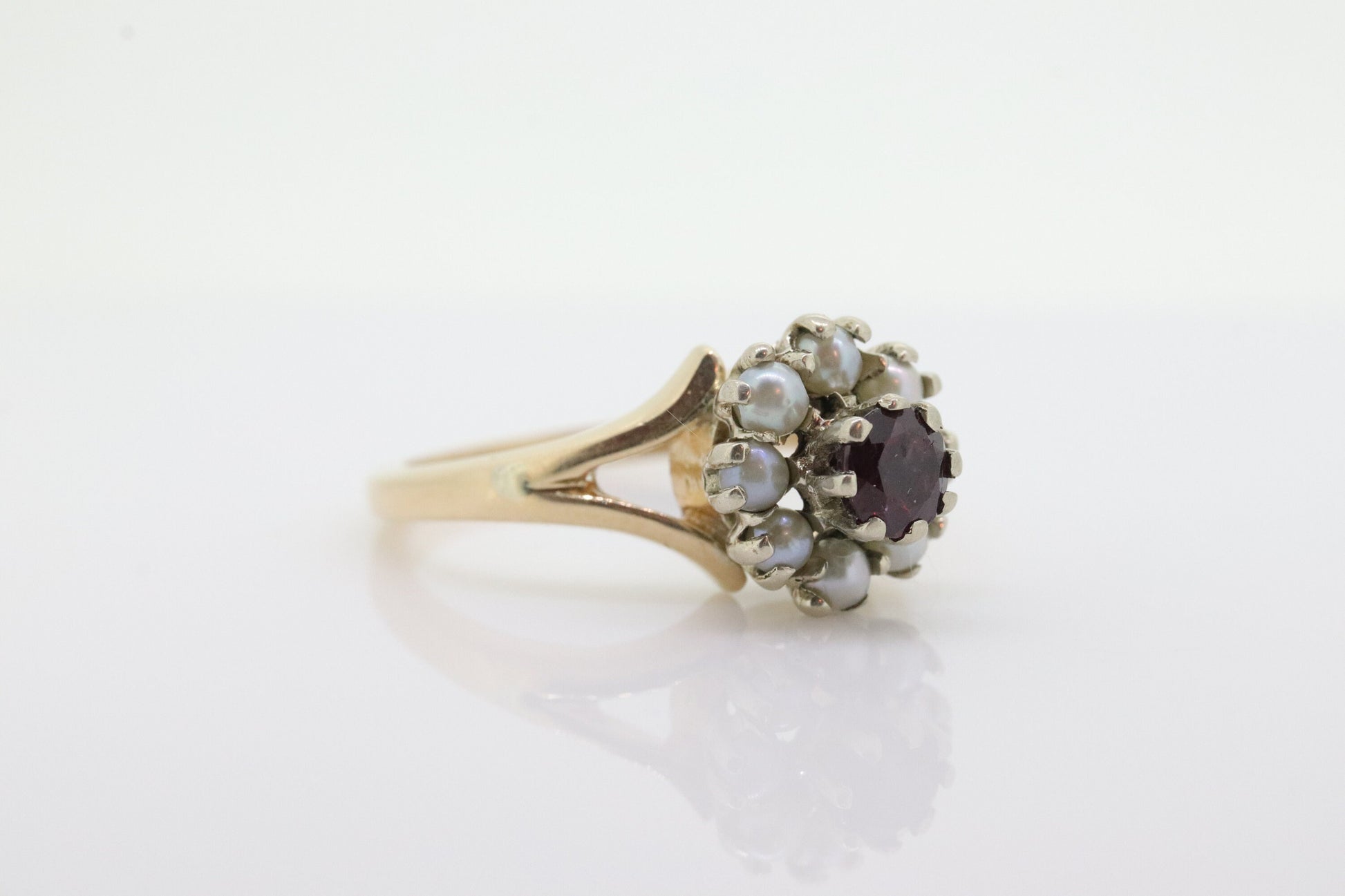 14k Ruby and Pearl Halo ring. Victorian Ruby prong set pearl cluster band. Vintage Ruby Pearl ring. st(70)