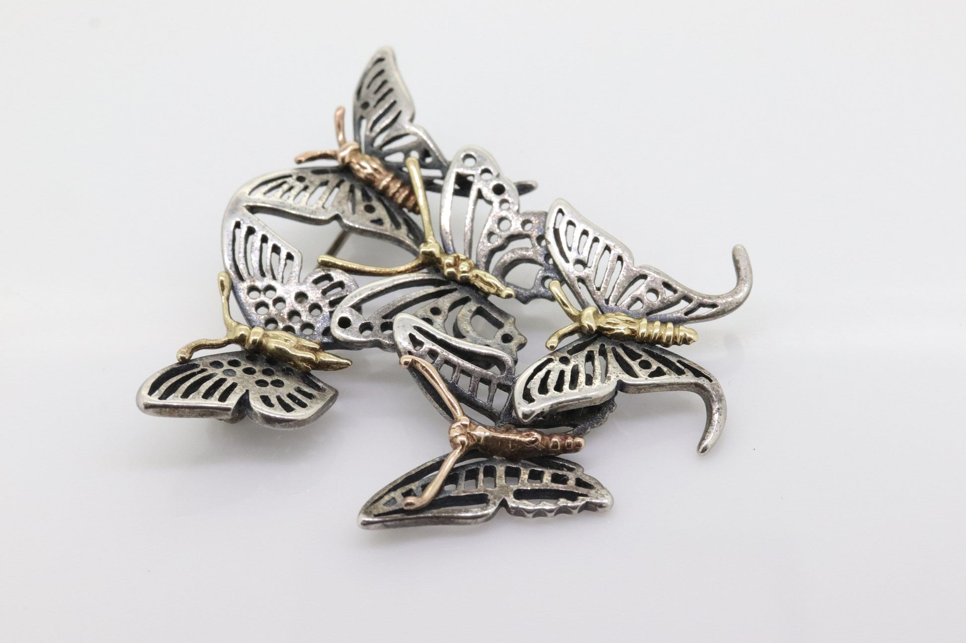 LAGOS Caviar Butterfly Brooch. Sterling Silver 18K Yellow Gold Butterfly Charm  Heavy Pin Brooch. (st71)