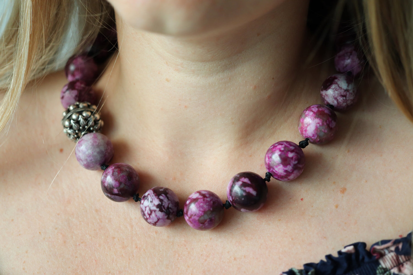 Dian Malouf Necklace. Round Charoite Heavy sterling Silver Bead Necklace DLM Collection (st115)