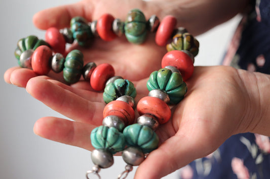 Vintage Turquoise Coral Bead Necklace. Heavy Pumpkin Bead Turquoise and Coral. High Quality Coral Natural Coral Necklace st(45)