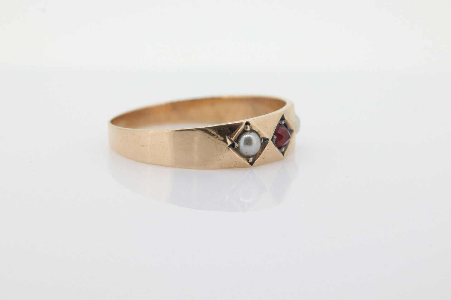 Antique Garnet and Pearl seed Star bezel set ring. Garnet Gypsy setting star wide anniversary band.  st(130)