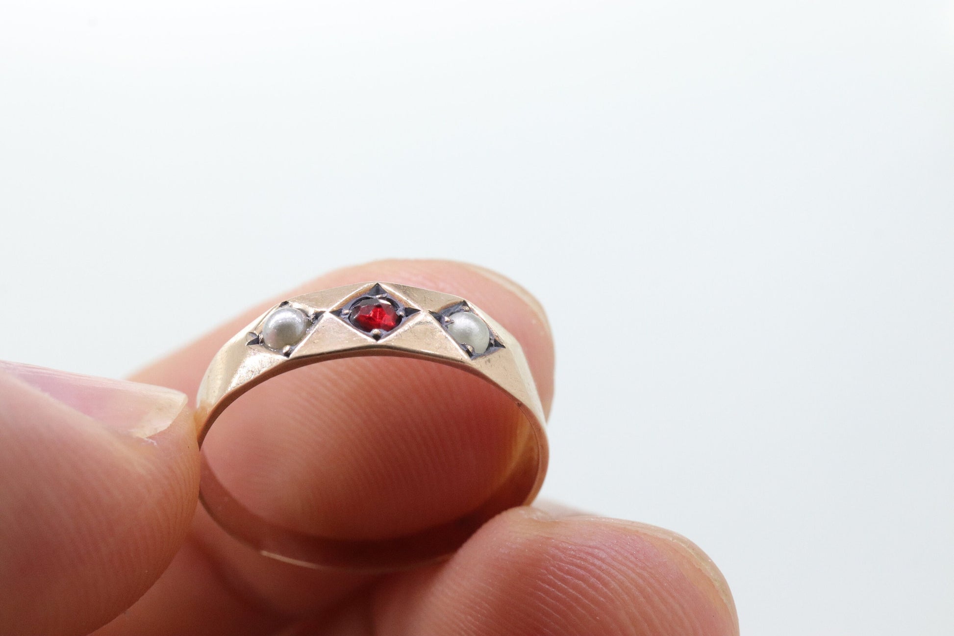 Antique Garnet and Pearl seed Star bezel set ring. Garnet Gypsy setting star wide anniversary band.  st(130)