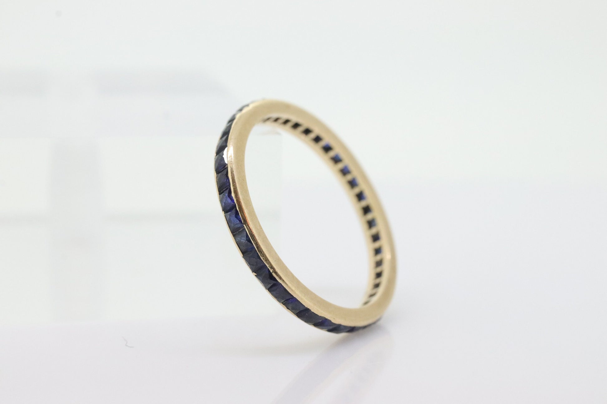 14k Gold BLUE Sapphire Full Eternity Thin Band. Thin Channel Set Princess Sapphire calibre cut Full Eternity band. st(110)