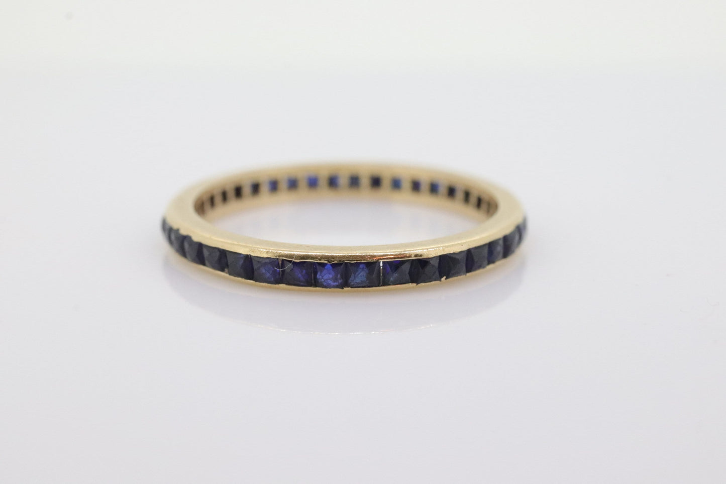 14k Gold BLUE Sapphire Full Eternity Thin Band. Thin Channel Set Princess Sapphire calibre cut Full Eternity band. st(110)