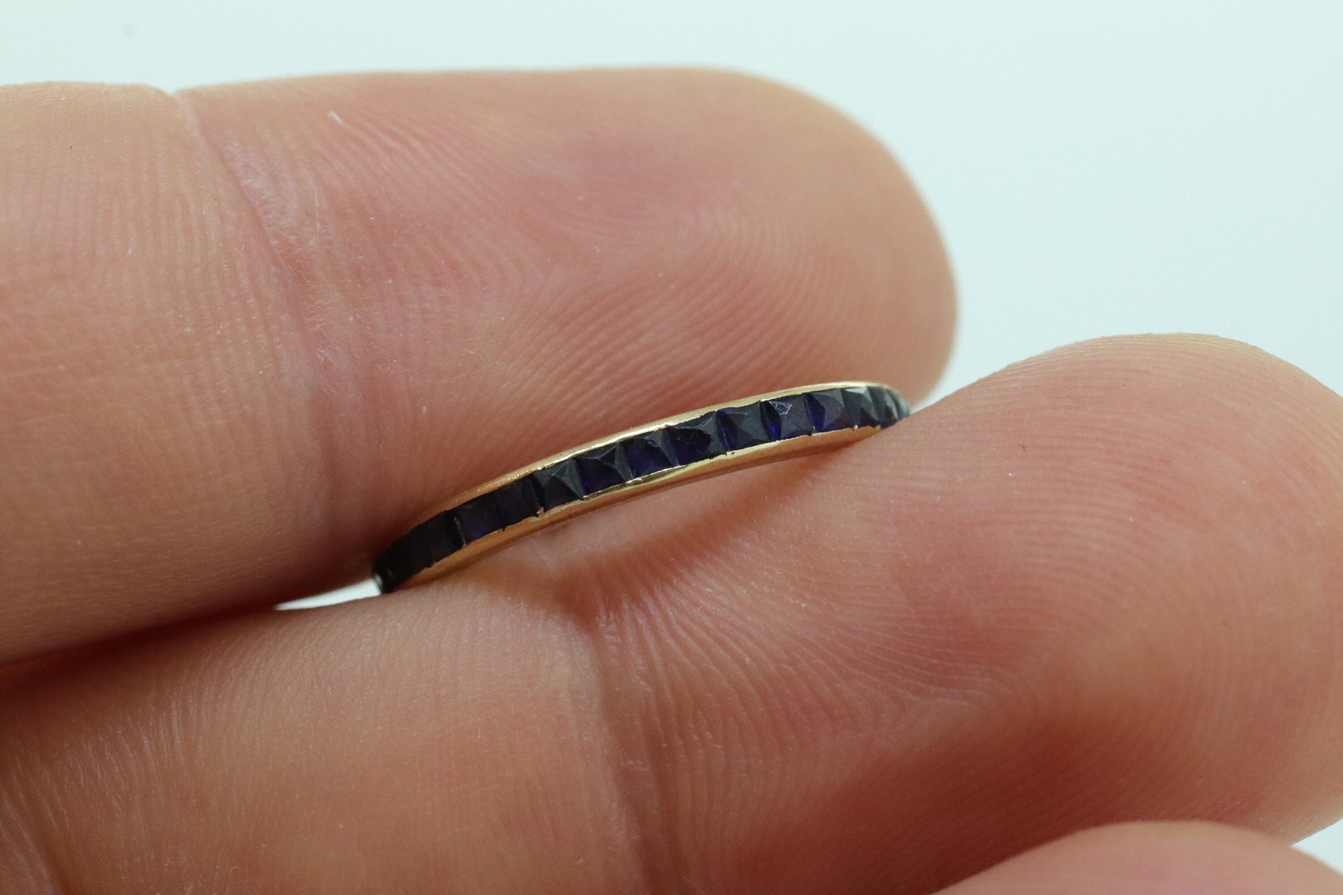 14k Gold BLUE Sapphire Full Eternity Thin Band. Thin Channel Set Princess Sapphire calibre cut Full Eternity band. st(110)