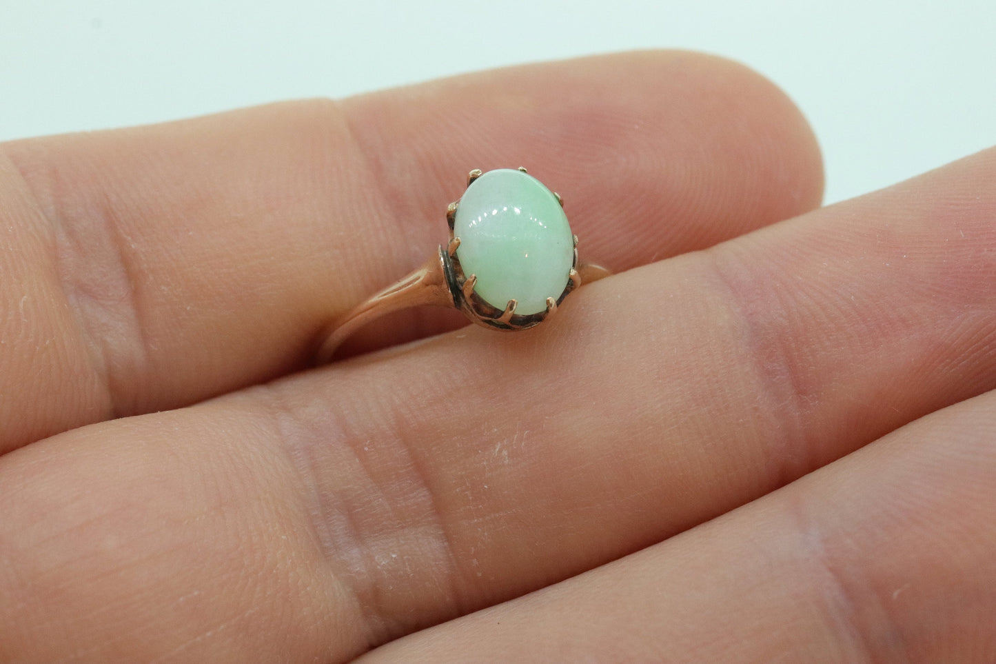 10k Green White Jade Jadeite ring. Apple translucent green cabochon ring. st(100)