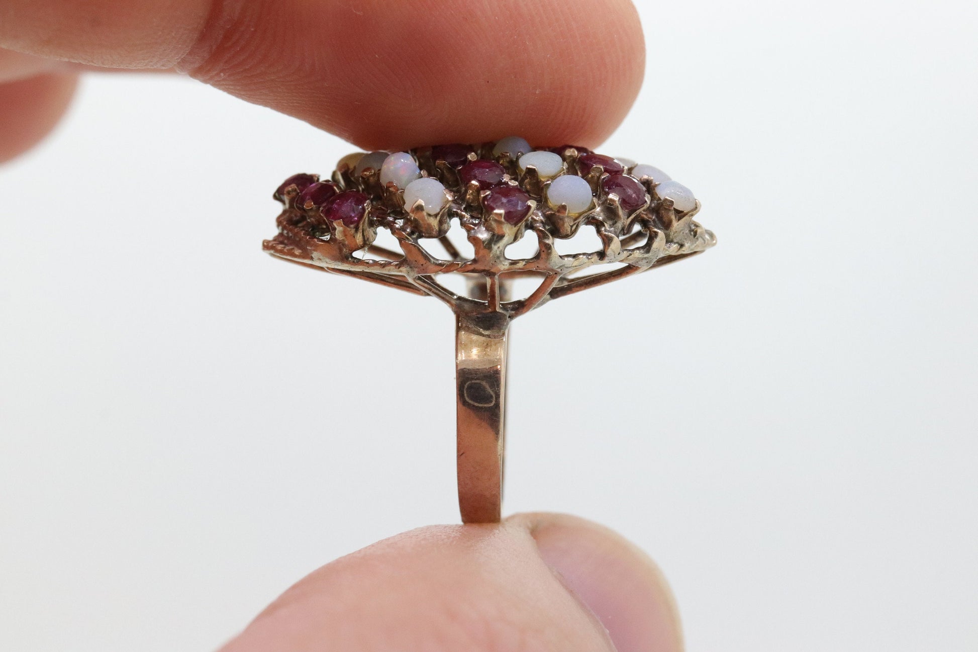 10k Victorian Opal and Garnet Cluster ring. 10k Yellow Gold with Claw set opal Garnet Marquise Antique cluster st(90)