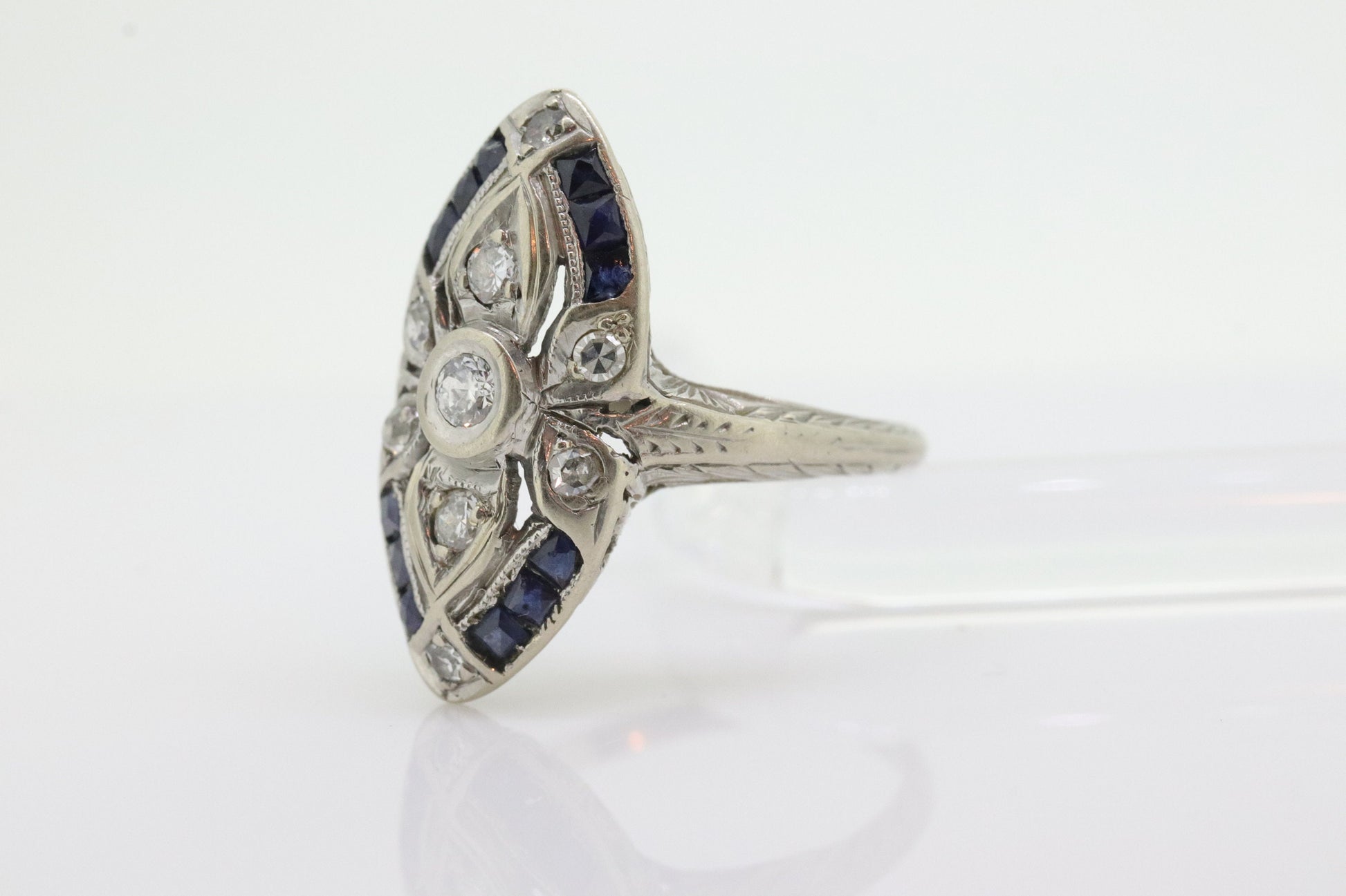 Antique Shield daisy ring. 18k diamond and sapphire shield ring. 18k Art Deco  diamond filigree signet flower ring. st(245)