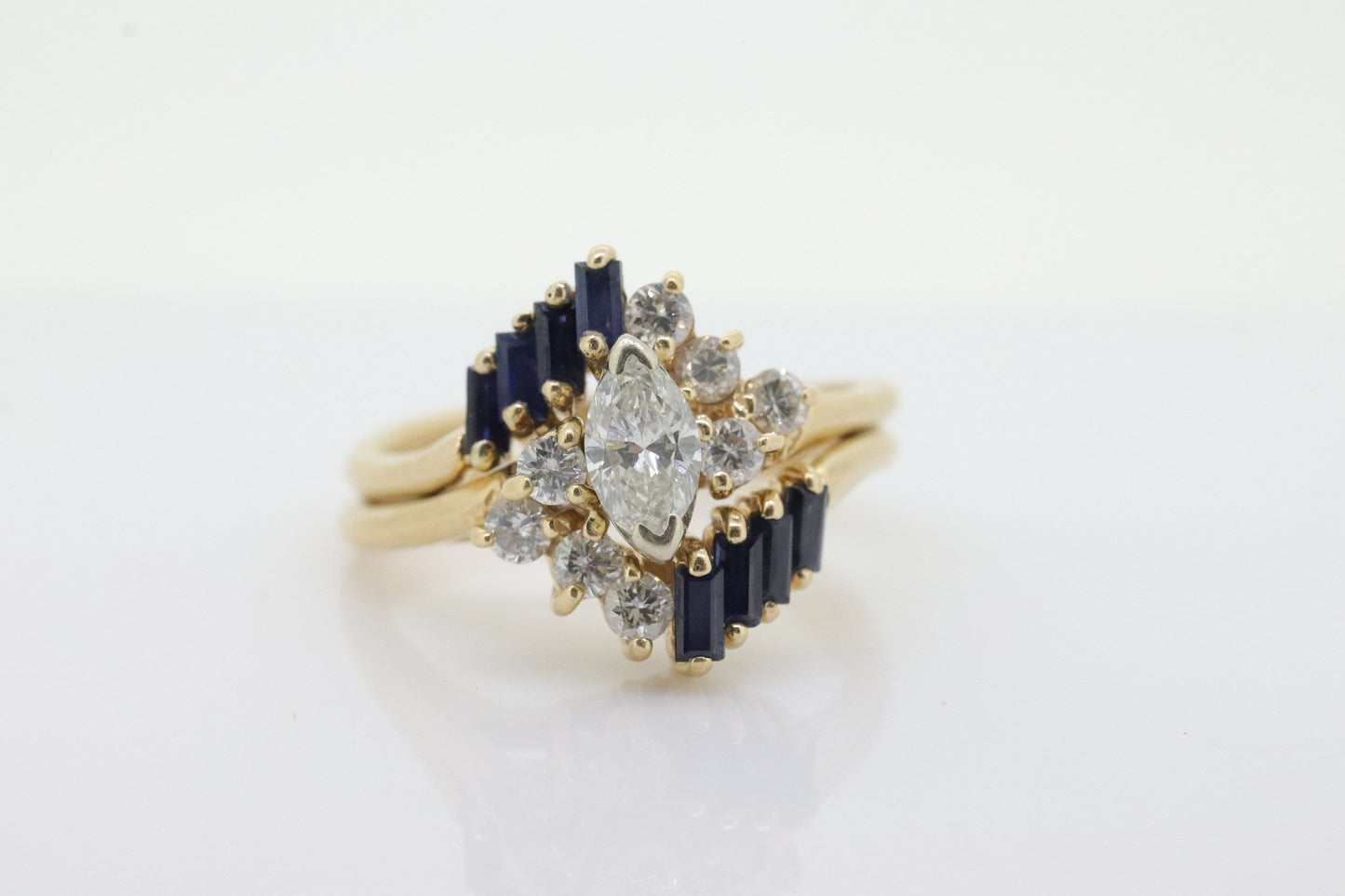 14k Marquise Diamond Solitaire with Sapphire Ring with Jacket. AVIV 14k Diamond Engagement Wedding Ring Set with enhancer (st130)