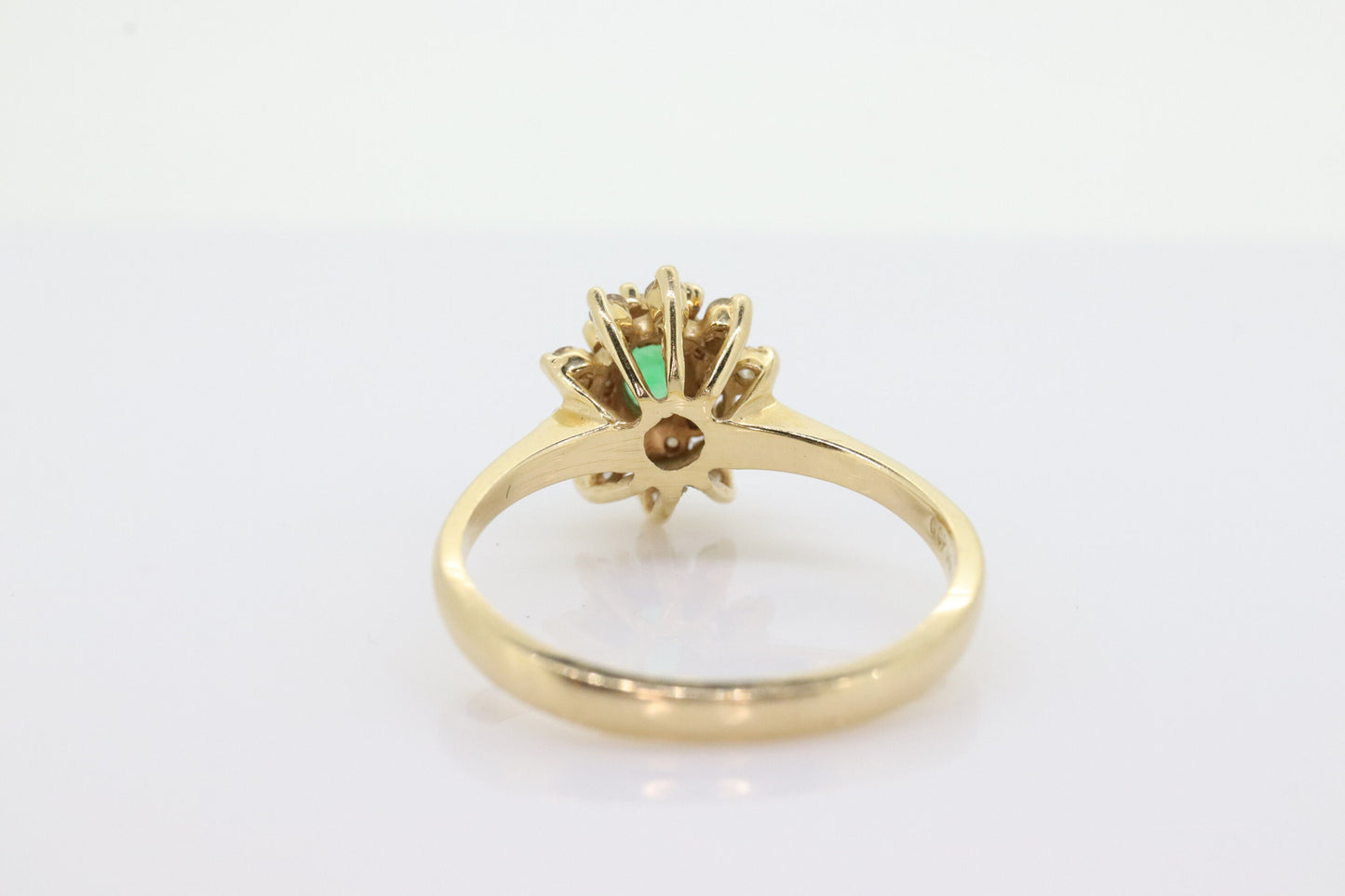 14k Emerald and Diamond Halo yellow gold ring. Emerald and Diamond Cluster ring. (15)(00.130)