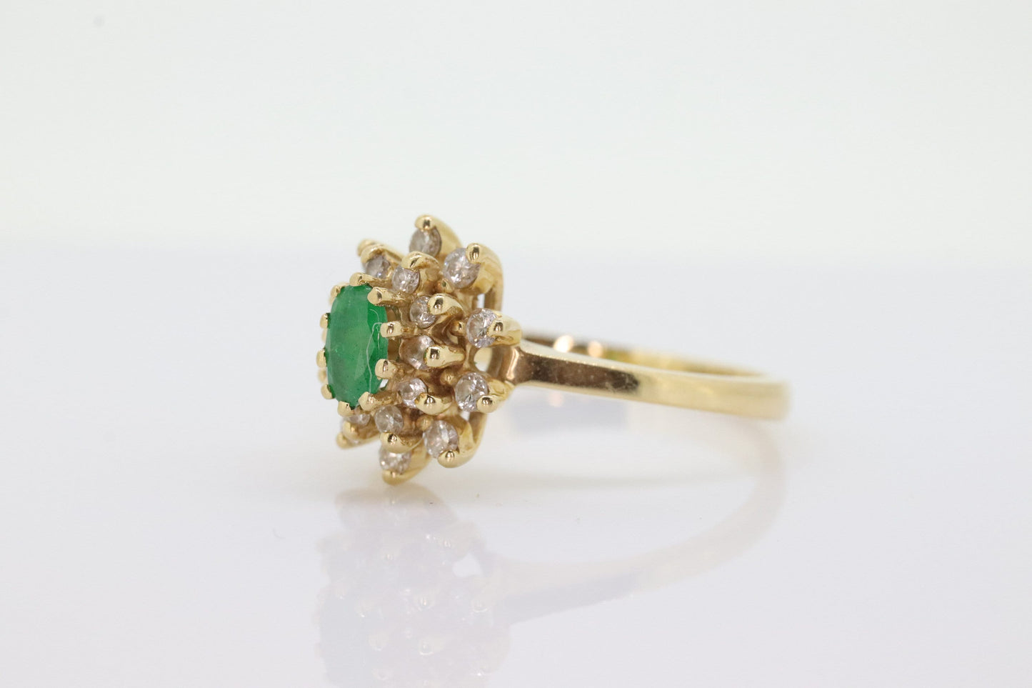 14k Emerald and Diamond Halo yellow gold ring. Emerald and Diamond Cluster ring. (15)(00.130)