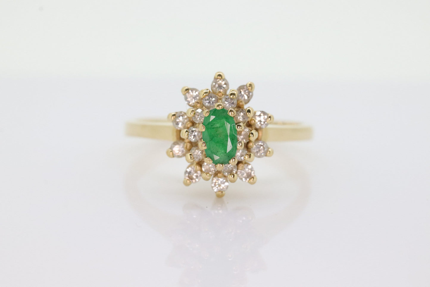 14k Emerald and Diamond Halo yellow gold ring. Emerald and Diamond Cluster ring. (15)(00.130)