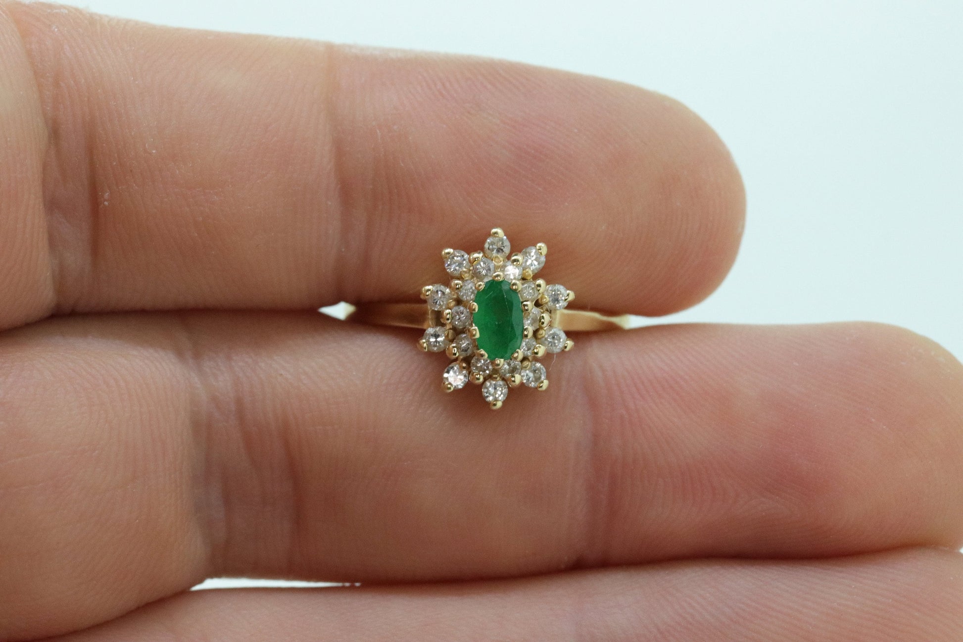 14k Emerald and Diamond Halo yellow gold ring. Emerald and Diamond Cluster ring. (15)(00.130)