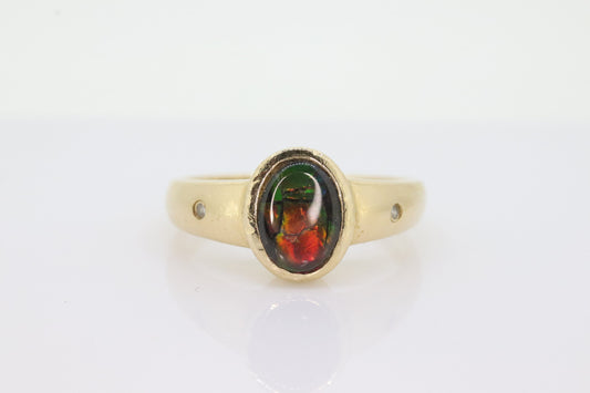 14k Oval Bezel Set Ammolite Ring and Earrings set. Ammolite Fossil and diamond earrings and ring. st140