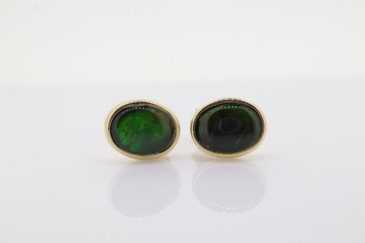 14k Oval Bezel Set Ammolite Earrings. Ammolite Fossil stud Earrings. st70