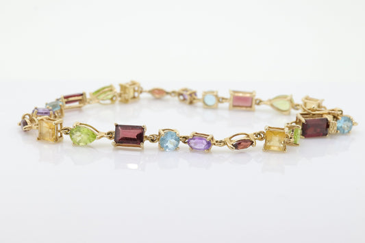 14k Multi-Color Gem Bracelet. Tennis Bracelet. Various Garnet Peridot Topaz Citrine Cluster arrangement bracelet. (st192)