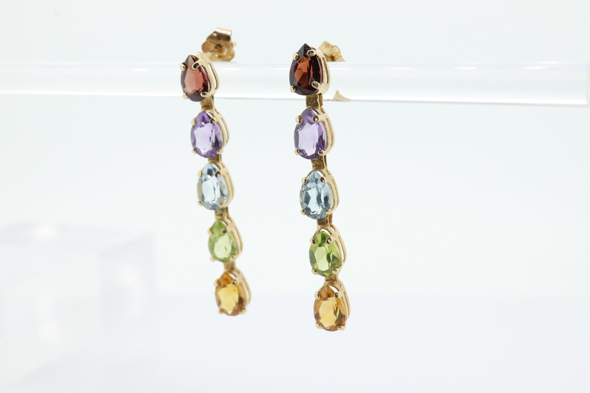 14k Multi-Color Gem Dangle EARRINGS. Pear Topaz Citrine Garnet Peridot Amethyst Tennis Dangle earrings (st108)