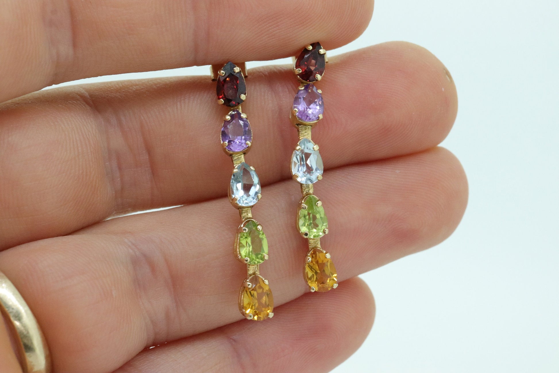 14k Multi-Color Gem Dangle EARRINGS. Pear Topaz Citrine Garnet Peridot Amethyst Tennis Dangle earrings (st108)