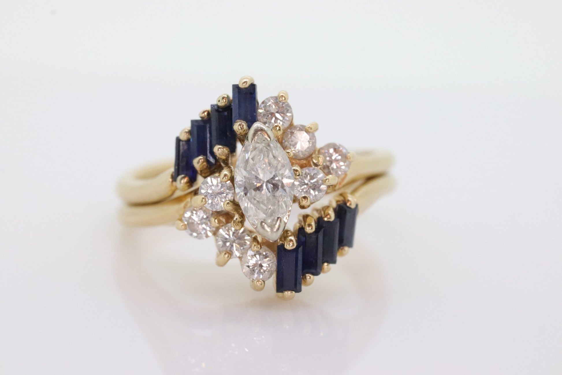 14k Marquise Diamond Solitaire with Sapphire Ring with Jacket. AVIV 14k Diamond Engagement Wedding Ring Set with enhancer (st130)