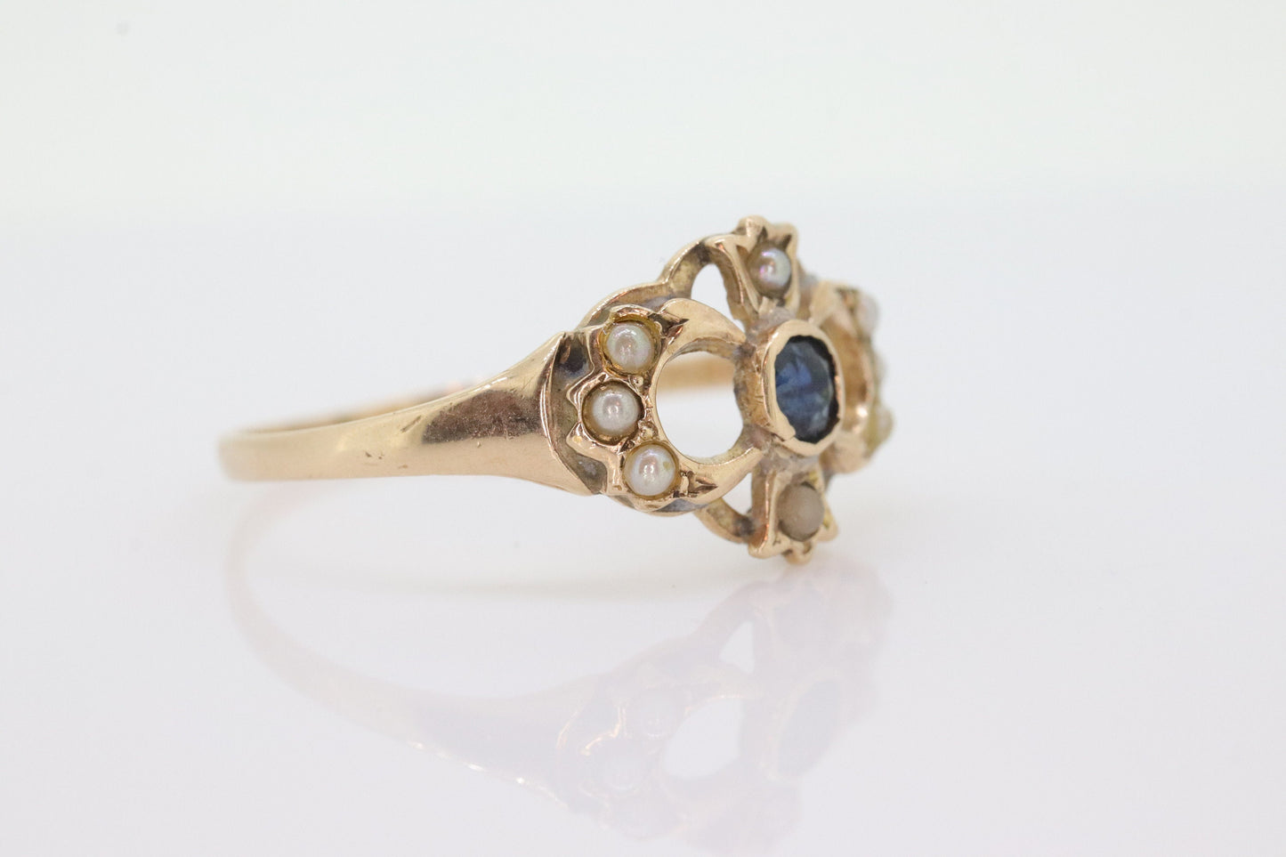 Antique Sapphire pearl bubble ring. Crown Tiara Sapphire pearl seed. 14k Filigree Open ring. st(105)