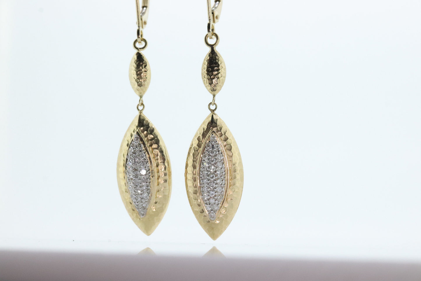 14k Diamond Dangle Earrings. Marquise Cluster Diamond Hammered Textured Earrings St(109/25)