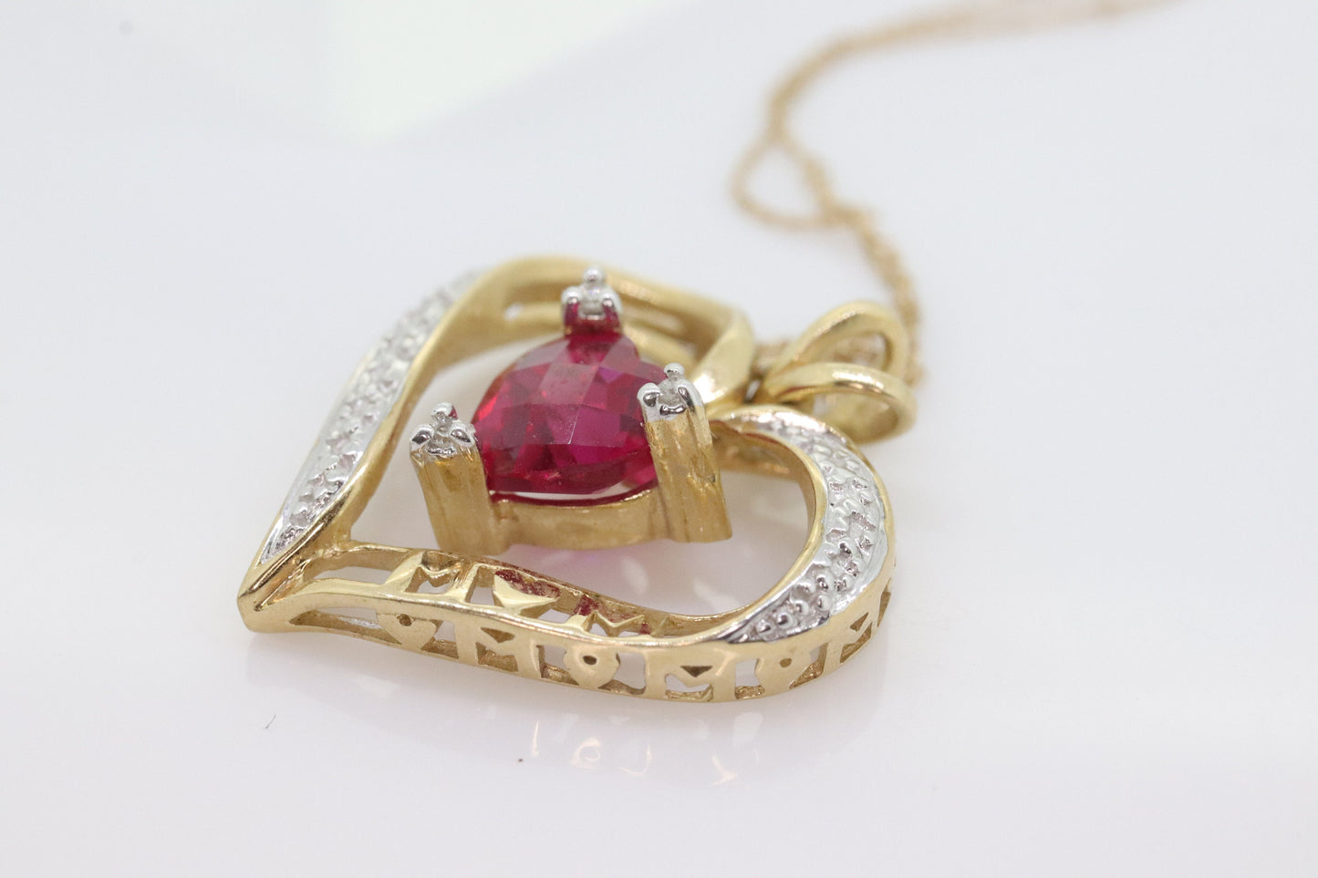 10k Ruby Faceted Heart with Diamond Necklace. 10k LOVE MOM Pendant. For MOM Gift. Stock(86/25)