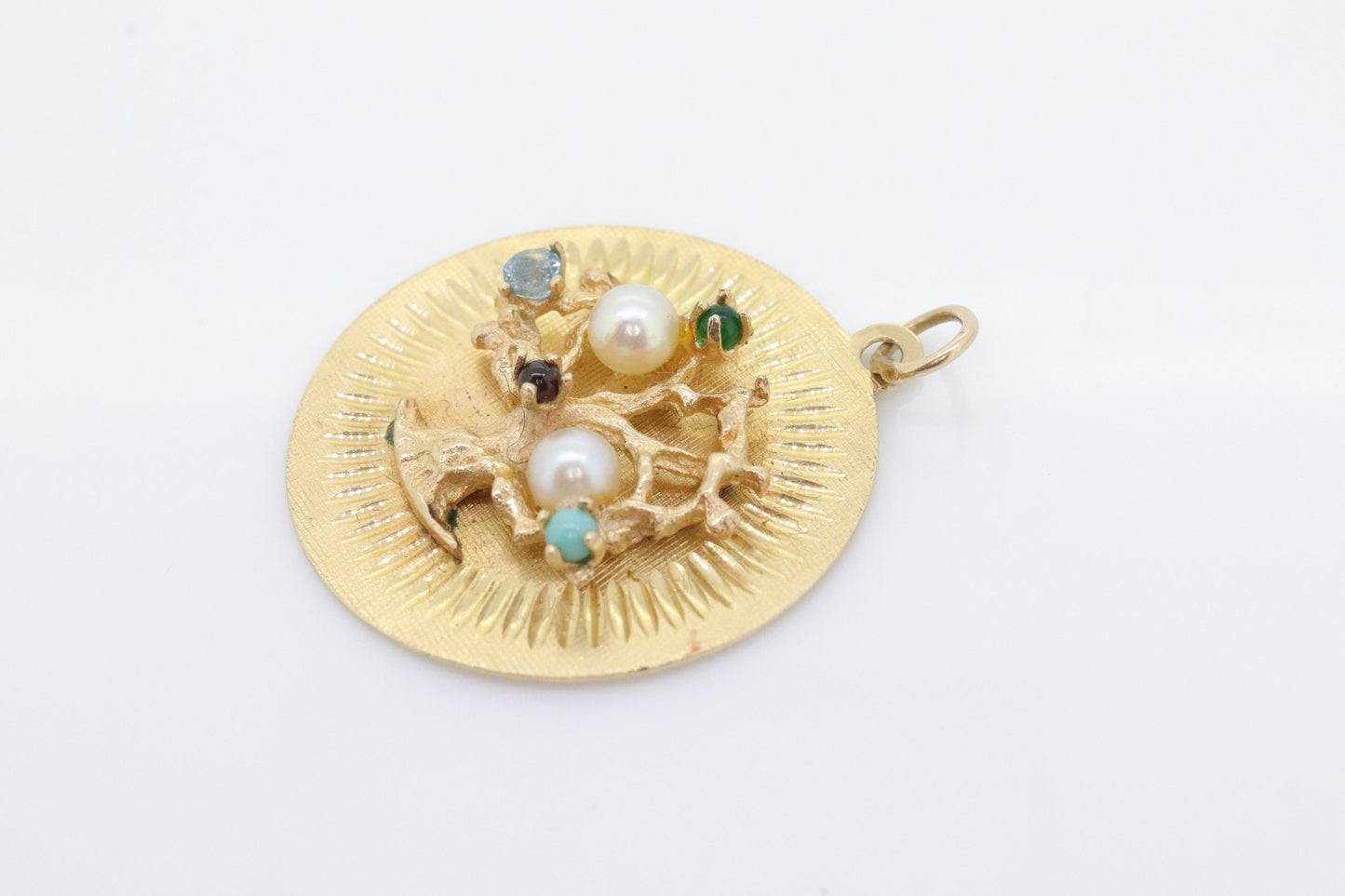 14k Tree of Life Round Medallion Pendant. Turquoise Pearls Emerald Ruby Aquamarine fruits. stock(109/25)