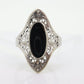 10k Filigree Onyx shield ring. 10k White Gold Scroll Embossed Art Deco Onyx ring. st(81/65)