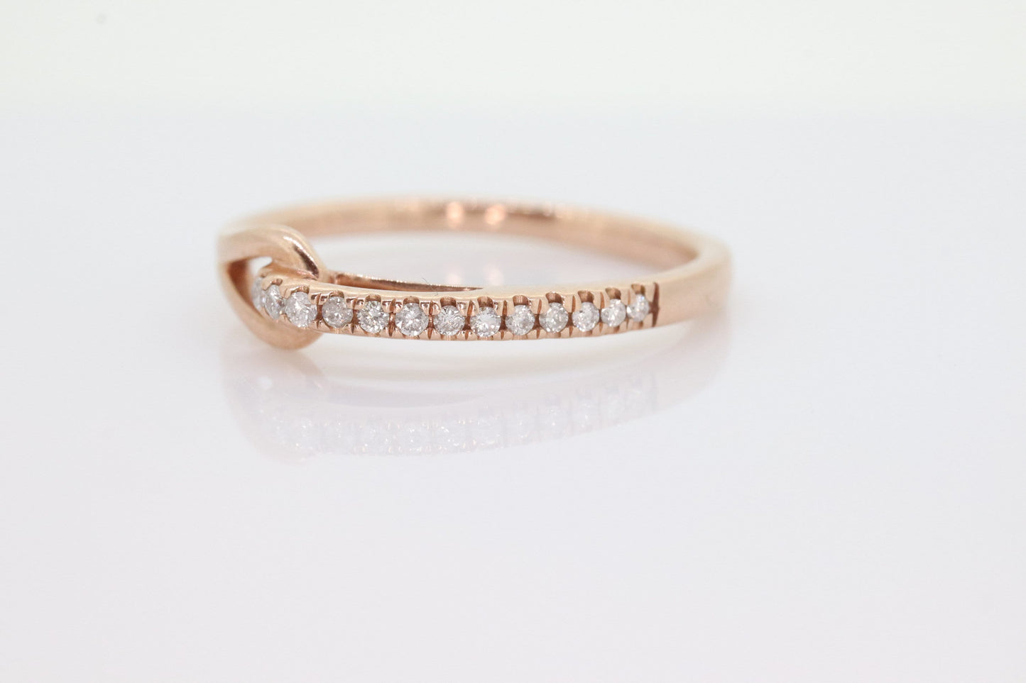 10k Pave Diamond Buckle Ring. Rose Gold diamond Hook KNOT ring. 10k Rose Gold encrusted stacking band. st(161)