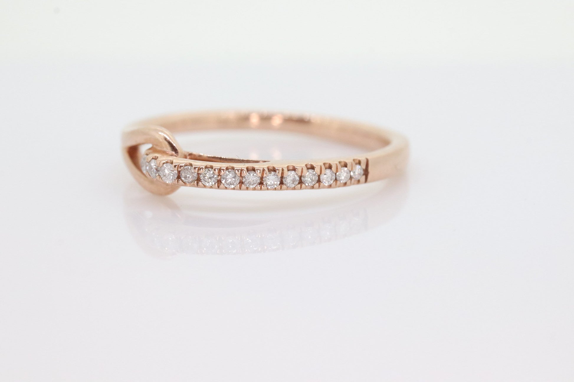 10k Pave Diamond Buckle Ring. Rose Gold diamond Hook KNOT ring. 10k Rose Gold encrusted stacking band. st(161)