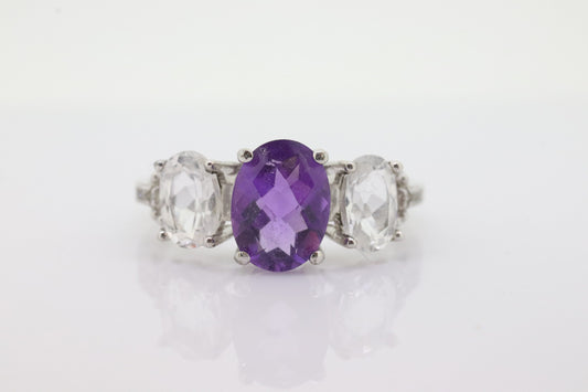 Multi-Color Gem Ring. 10k Trilogy ring. Amethyst Sapphire Ring. Triple Three gem ring. st(50)