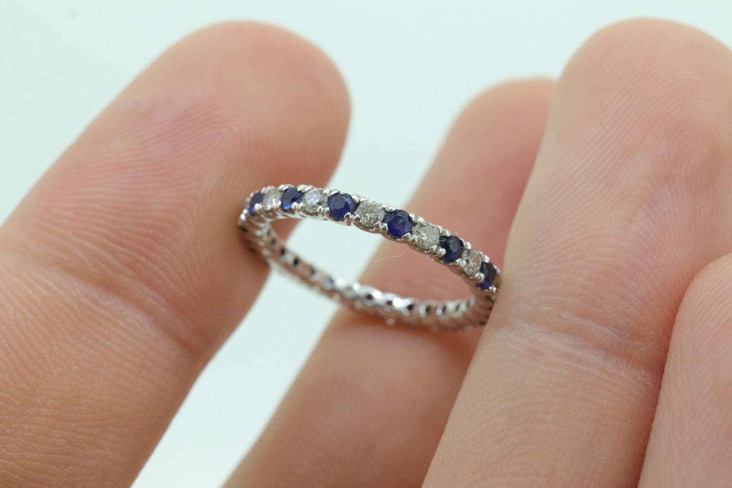 14k Diamond Sapphire Full Eternity Thin Band. Thin Channel Set Round Sapphire Diamond Full Eternity band. st(150)