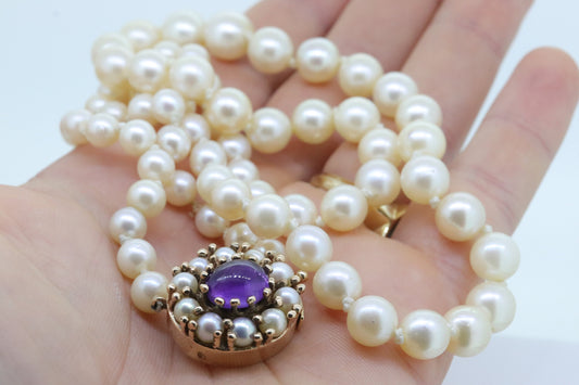 Victorian 6mm-10mm Pearl necklace with Amethyst and pearl seed 14k clasp. 24in