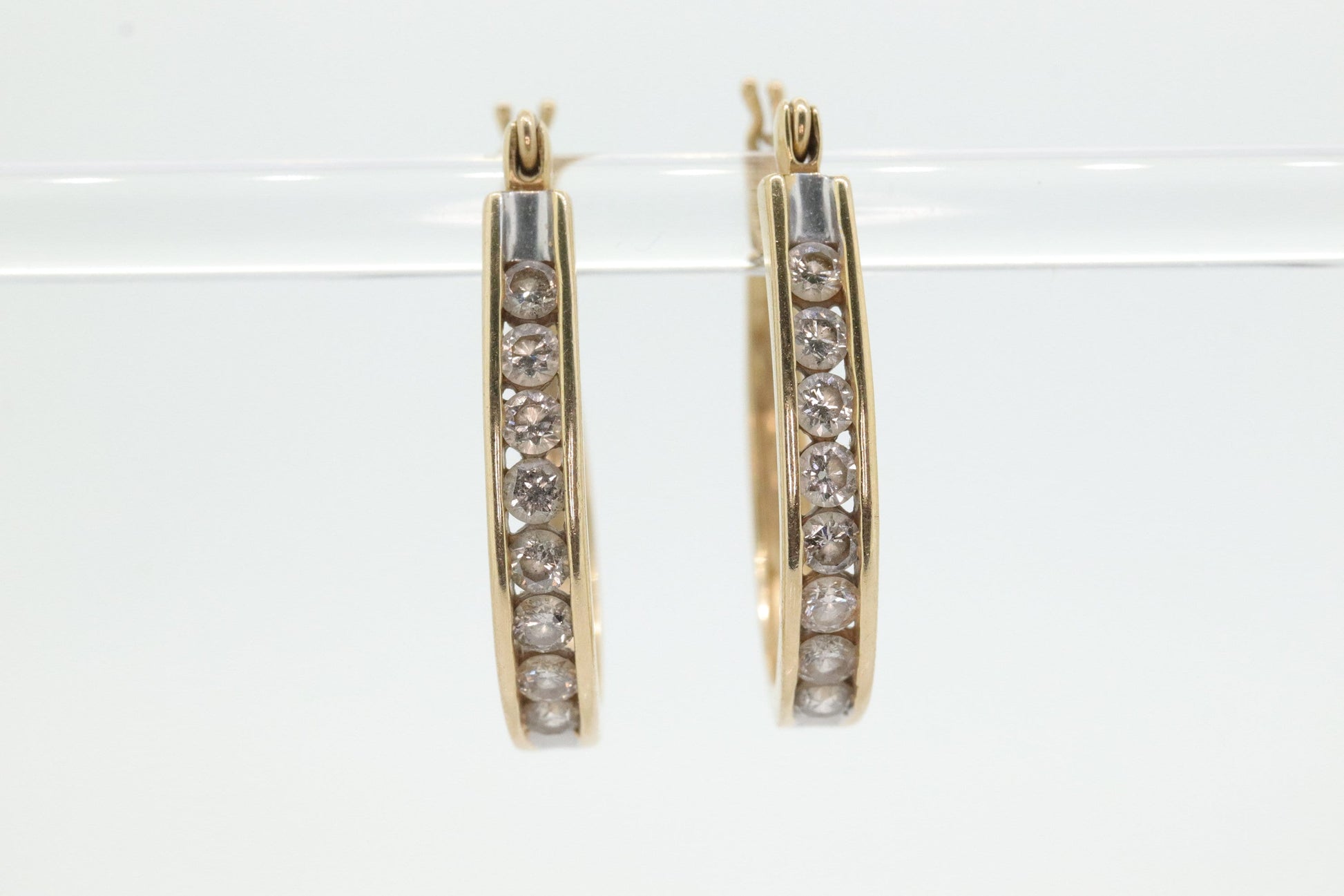 14k Diamond Hoop Earrings. Diamond channel set diamond HOOP Earrings. Est 0.96ctw -1 ctw of diamonds