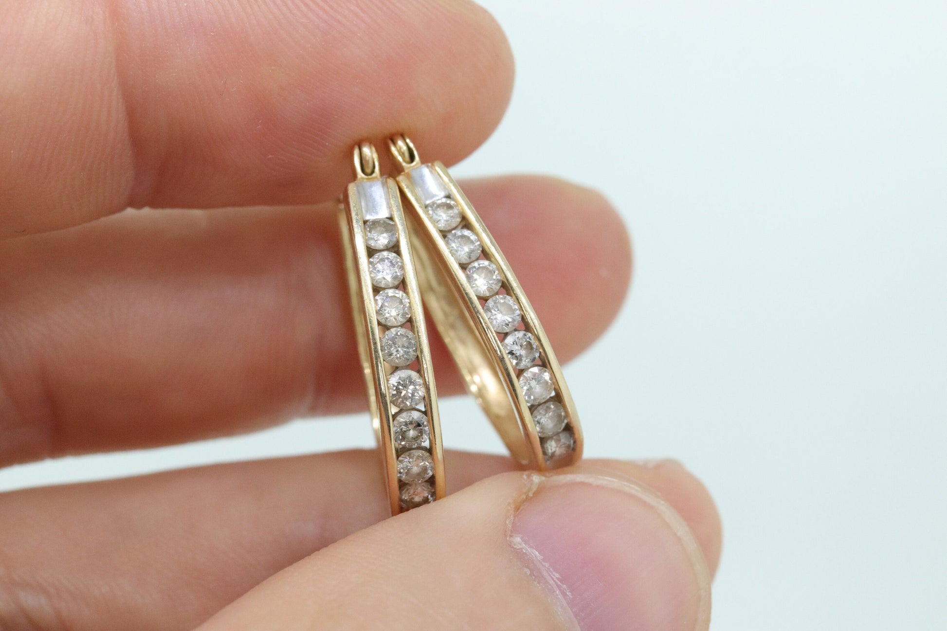 14k Diamond Hoop Earrings. Diamond channel set diamond HOOP Earrings. Est 0.96ctw -1 ctw of diamonds