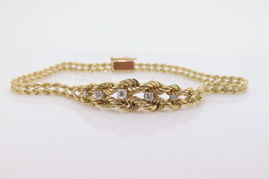 Diamond Double Row Rope 14k Bracelet. 14k rope bracelet. Graduating Rope Bracelet with Diamonds. Vintage Gold Bracelet st(280)