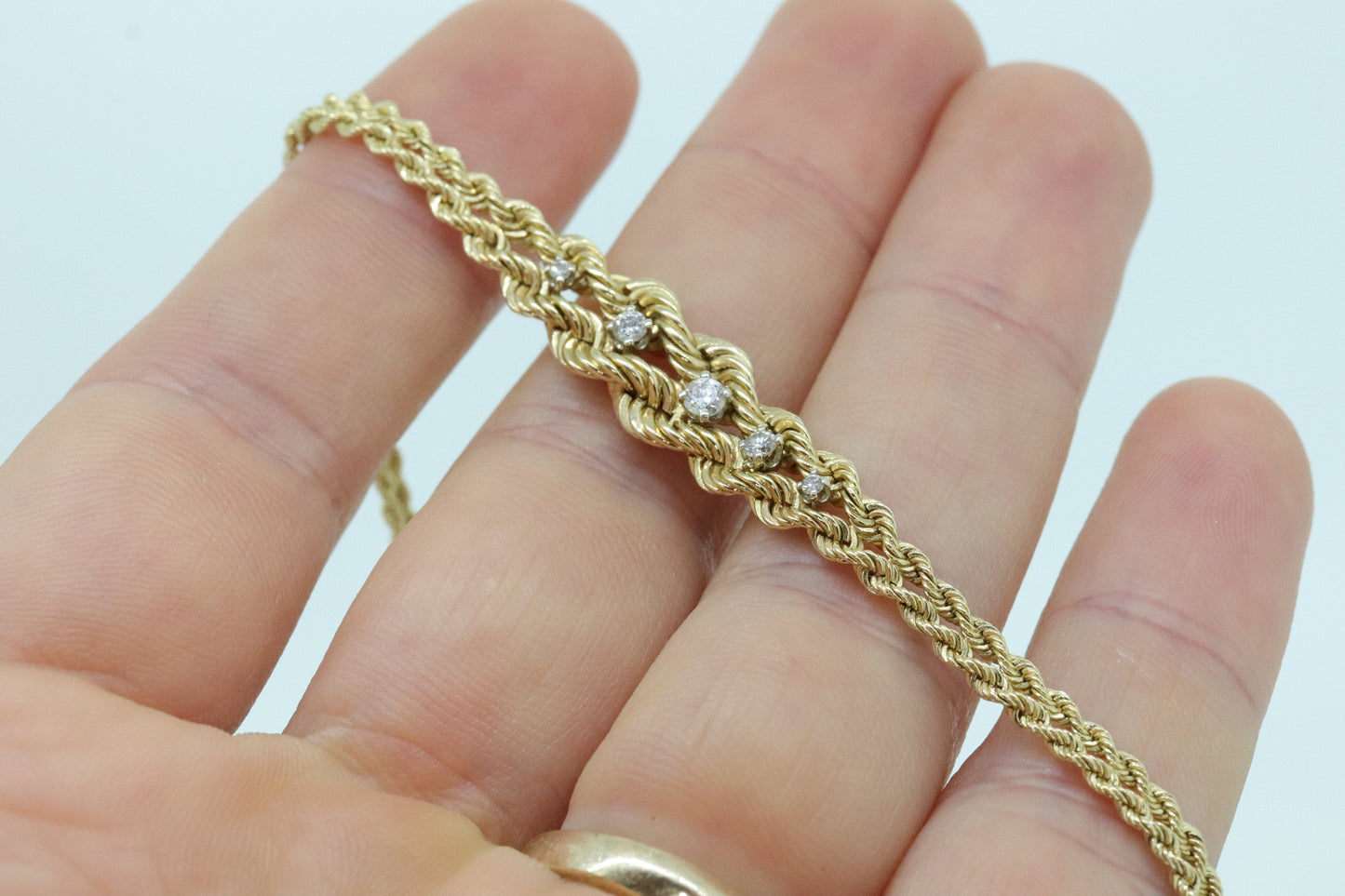 Diamond Double Row Rope 14k Bracelet. 14k rope bracelet. Graduating Rope Bracelet with Diamonds. Vintage Gold Bracelet st(280)