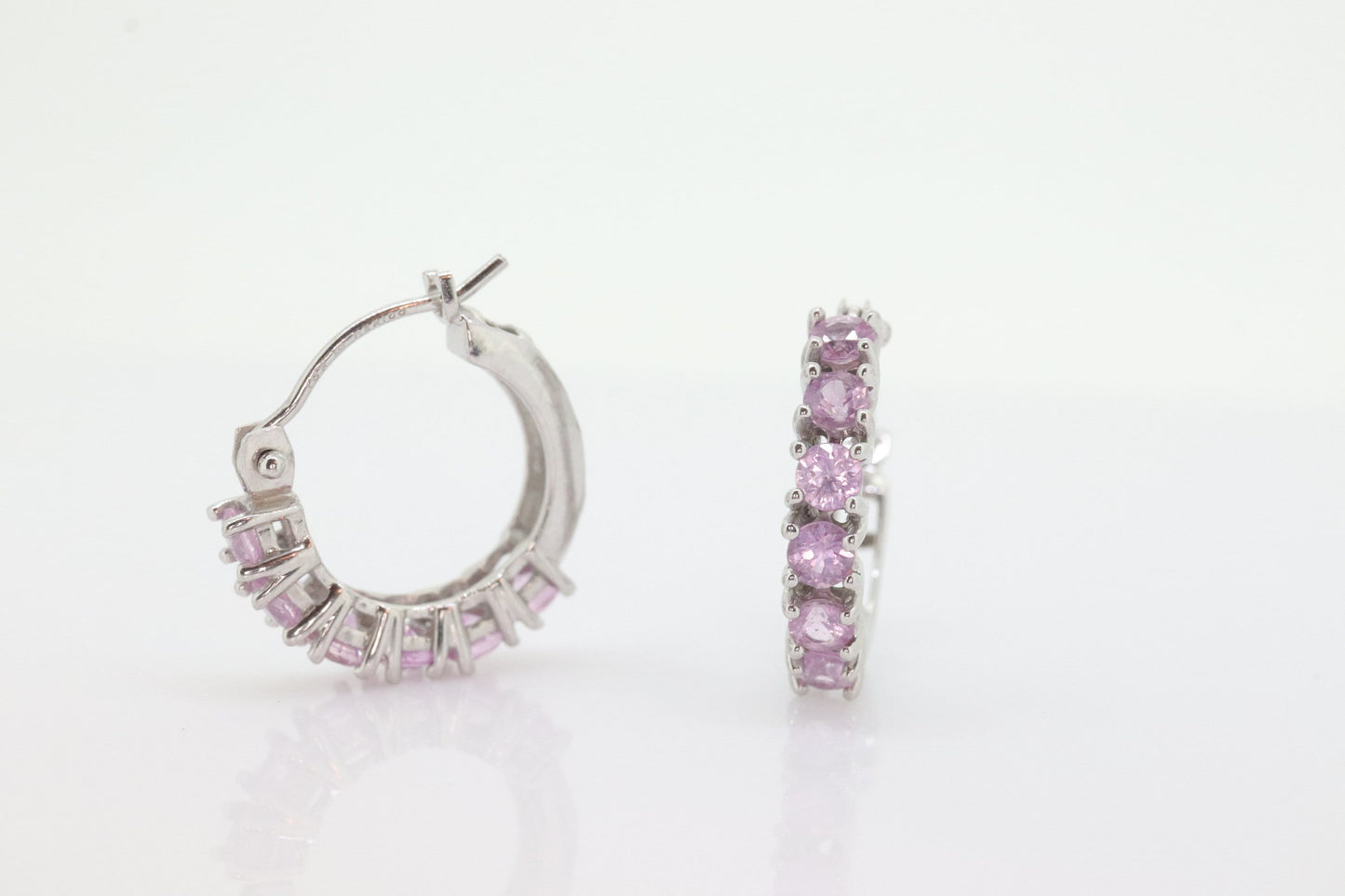 Estate 10k Round Pink Sapphire Cluster Hoop Earrings. PINK SAPPHIRE Earrings. 10k White Gold Sapphire Earrings st(29)