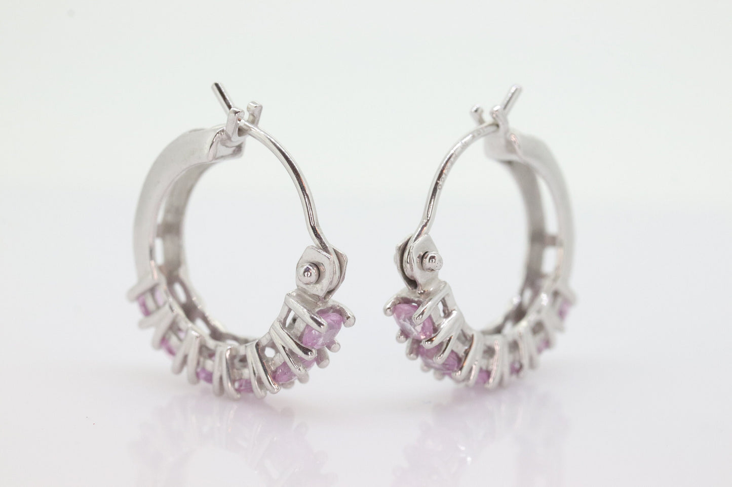 Estate 10k Round Pink Sapphire Cluster Hoop Earrings. PINK SAPPHIRE Earrings. 10k White Gold Sapphire Earrings st(29)