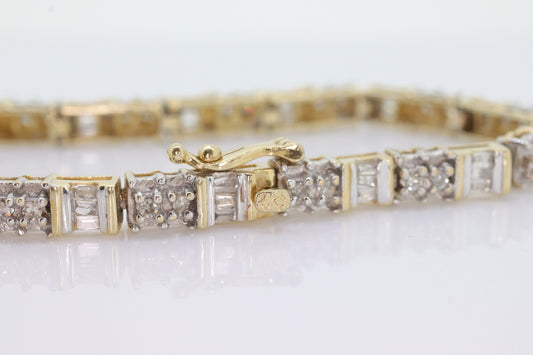 10k Baguette Round Diamond Bracelet. Cluster 10k Yellow Gold diamond Tennis bracelet. OVER 1CTW st(288)