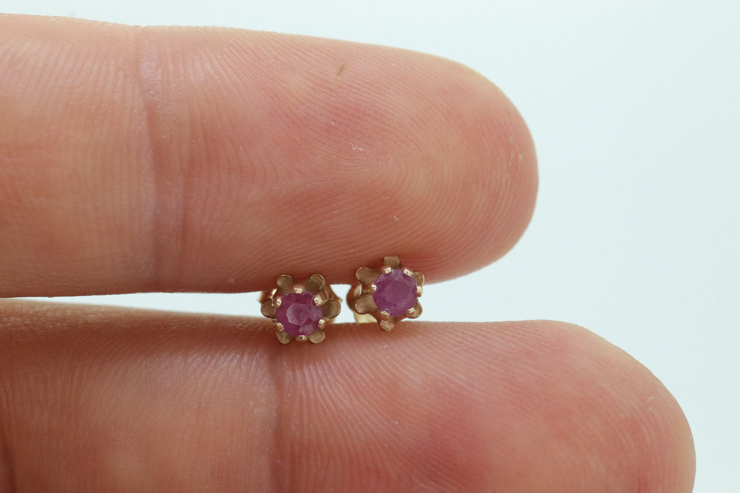 Dainty 14k Ruby stud Earrings. Buttercup Prong set Ruby studs. st(29)