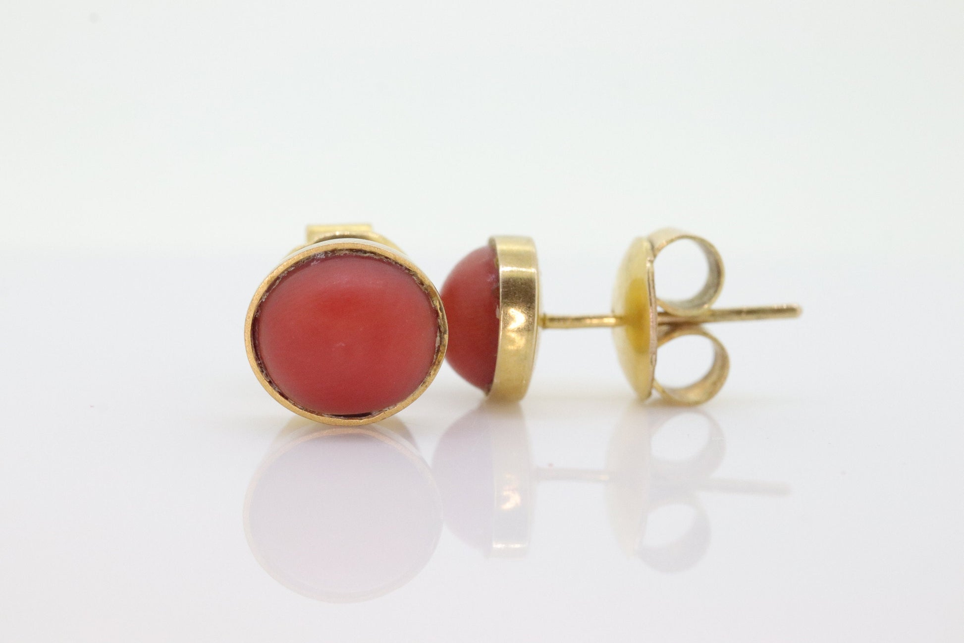 Coral Earrings. 14k Coral Orange STUD Earrings. Coral Cabochon Bezel set design. st(65)