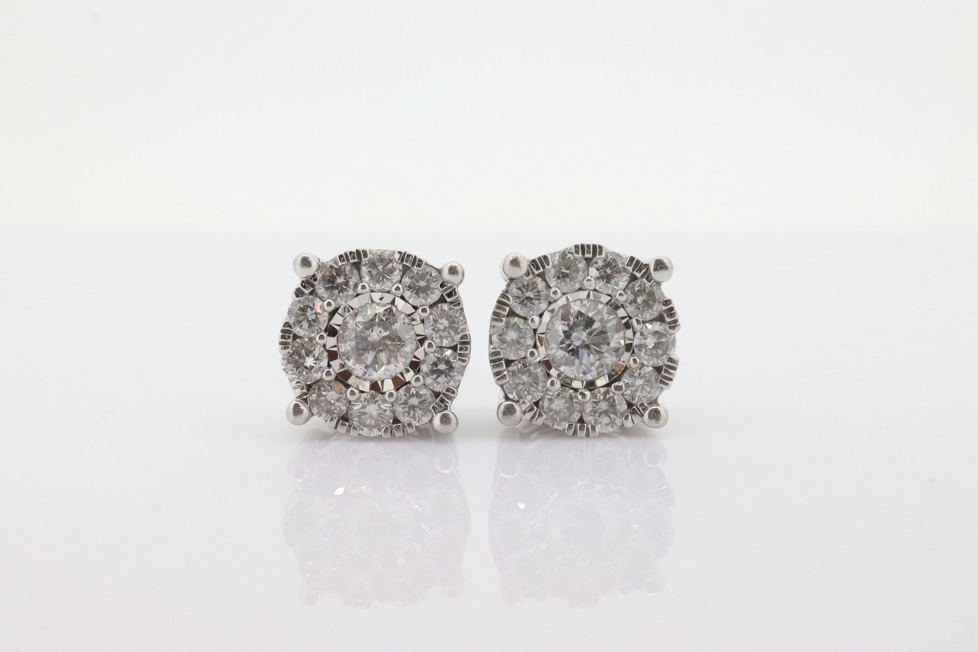 Diamond HALO 1ct Diamond Cluster Earrings. 14k White Gold Daisy stud earrings. Diamond Stud 14k Gold Earrings. st(161)