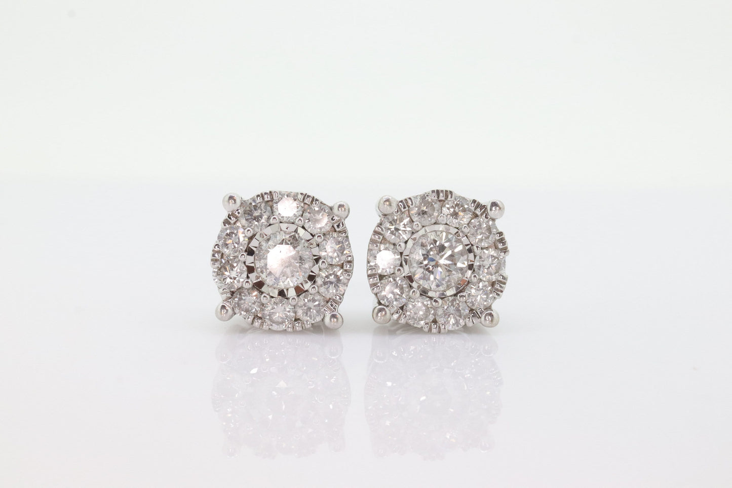 Diamond HALO 1ct Diamond Cluster Earrings. 14k White Gold Daisy stud earrings. Diamond Stud 14k Gold Earrings. st(161)