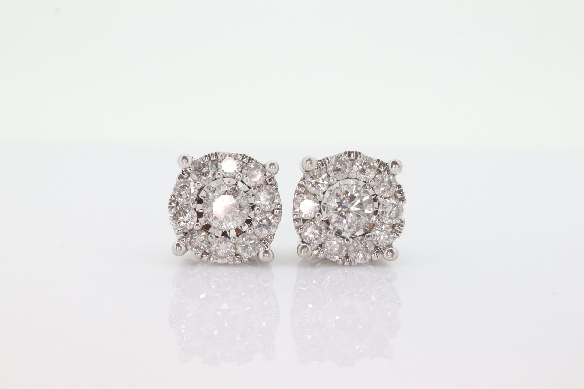 Diamond HALO 1ct Diamond Cluster Earrings. 14k White Gold Daisy stud earrings. Diamond Stud 14k Gold Earrings. st(161)